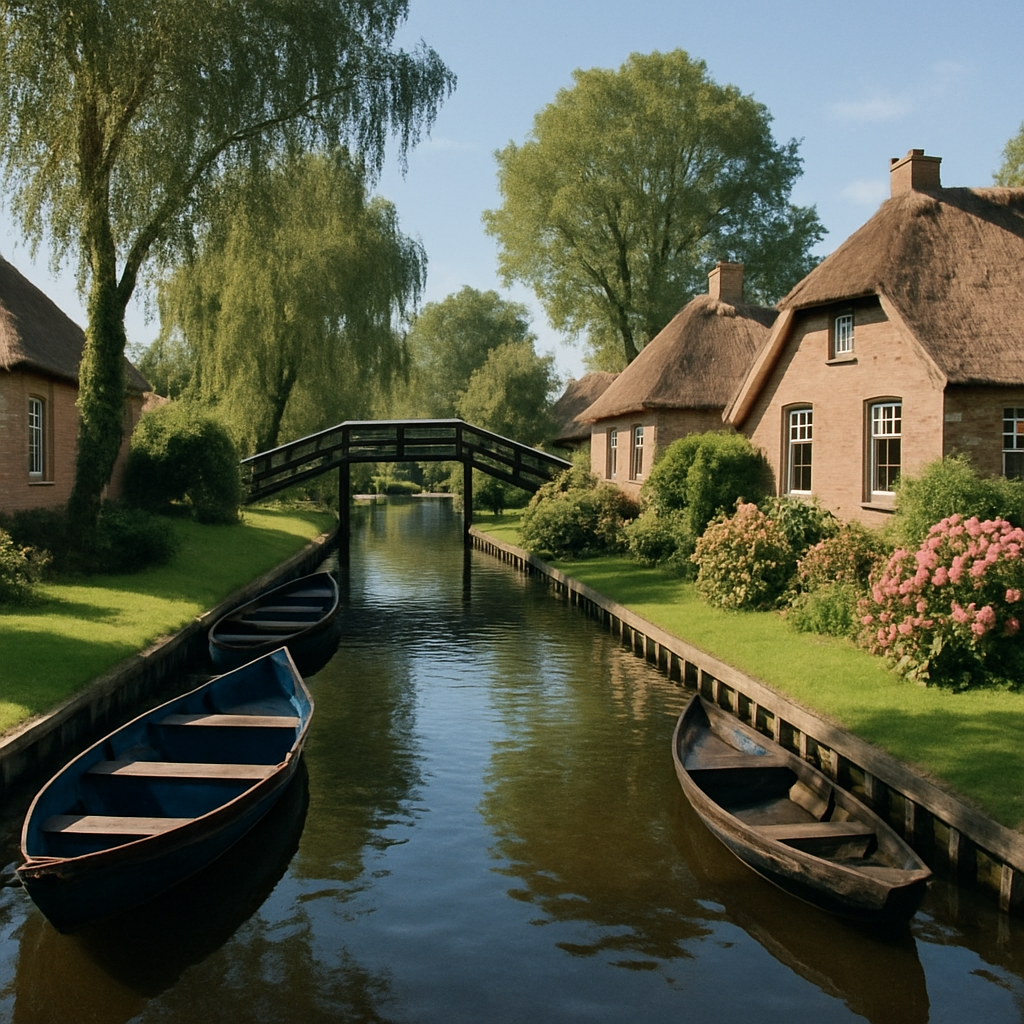 Schilderachtig uitzicht op Giethoorn met rietgedekte huisjes en houten bruggetjes